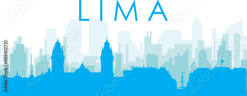 Blue panoramic city skyline poster with bluish misty transparent background buildings of LIMA, PERU