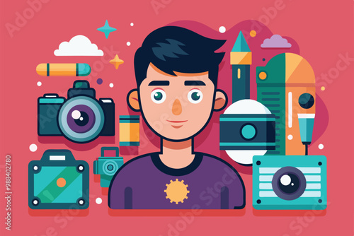 A young person explores creative photography options surrounded by diverse camera illustrations and colorful design elements.