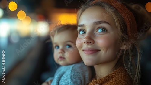 mother with happy small children in the cinem watching film photo