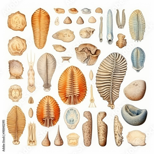 Fossils Set, Archeologic Fossil Dig Collection Isolated, Fossilized Prints of Prehistoric Plants and Animals photo