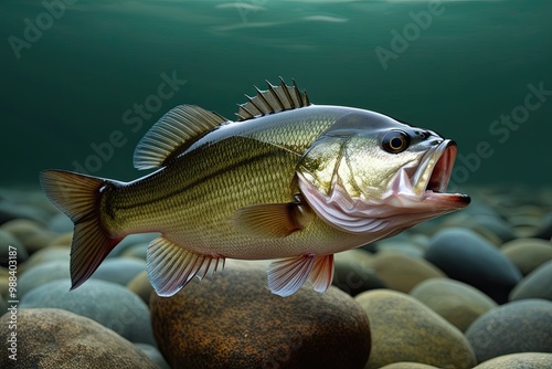 Largemouth Bass Fish Isolated on Underwater Scene Background