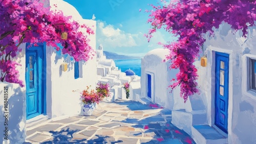 Watercolor of Traditional greek Santorini house with bougainvillea flowers,Greece islands blue white traditional cafe restaurant architecture,Santorini blue door window,Mediterranean scene.