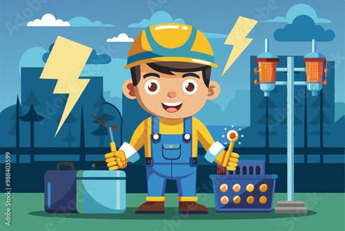 A cheerful electrician holds tools, surrounded by electricity symbols, in a vibrant outdoor setting during early evening light.