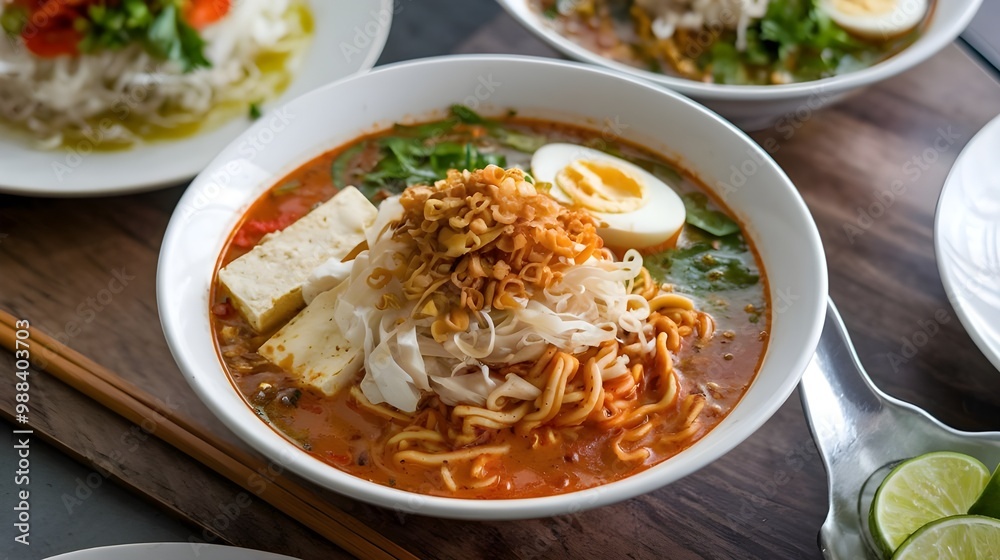 A table with a Penang assam laksa dish. The dish consists of a spicy noodle soup with a sour and slightly sweet taste. It is loaded with ingredients such as rice noodles, tofu and hard-boiled eggs. A table with a Penang assam laksa dish. The dish consists of a spicy noodle soup with a sour and slightly sweet taste. It is loaded with ingredients such as rice noodles, tofu and hard-boiled eggs.