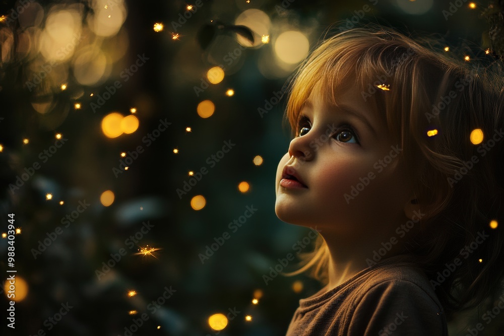 A child exploring a forest, surrounded by towering trees and sparkling fireflies, their eyes wide with awe and curiosity A child exploring a forest, surrounded by towering trees and sparkling fireflies, their eyes wide with awe and curiosity