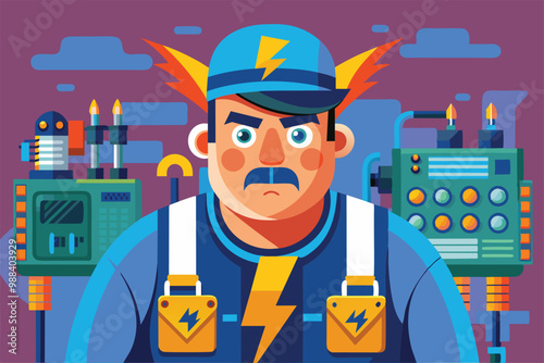 An electrician stands confidently, surrounded by various tools and equipment, ready to tackle electrical tasks in a vibrant workshop environment.
