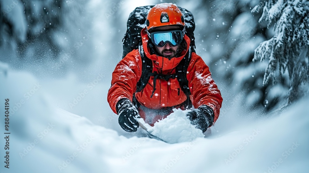 mountain rescue service with dog on operation outdoors in winter in forest digging snow mountain rescue service with dog on operation outdoors in winter in forest digging snow