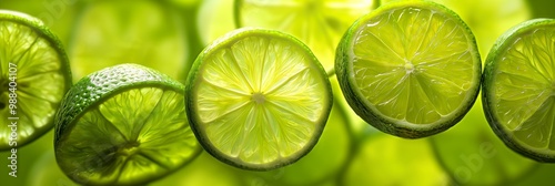 A close up of green lime slices. The slices are arranged in a row and are cut in half. Concept of freshness and healthiness, as limes are known for their high vitamin C content