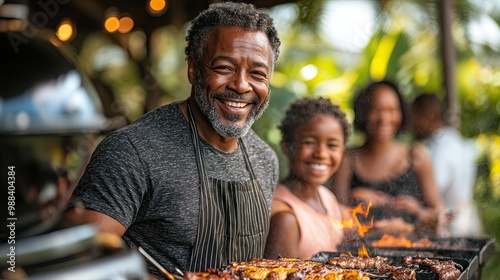 multi generation family grilling outside on patio in summer during garden party
