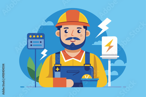 An electrician stands confidently with tools, surrounded by electrical symbols, ready to tackle any electrical installation or repair task.