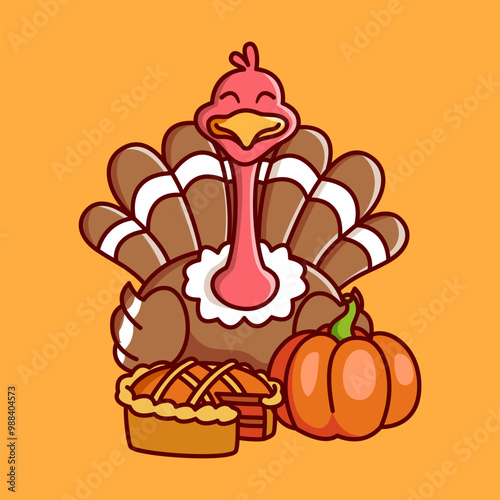 the brown chicken turkey is sitting Vector Illustration Icon. Flat Cartoon Style