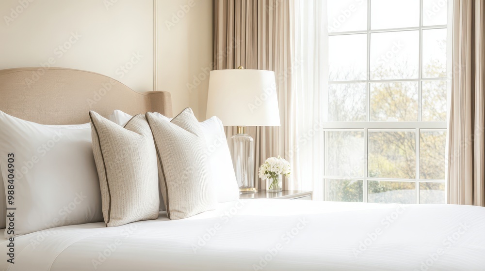 Fototapeta premium Elegant and Cozy Hotel Suite with King Sized Bed and Panoramic Window View