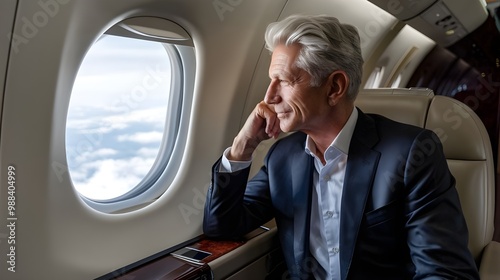 A rich, mature billionaire man sitting on a seat in his private jet. He is wearing a suit and has salt-and-pepper hair. He is looking through the plane window. photo