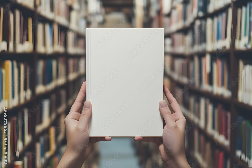 Blank Book Cover Mockup in Library Setting