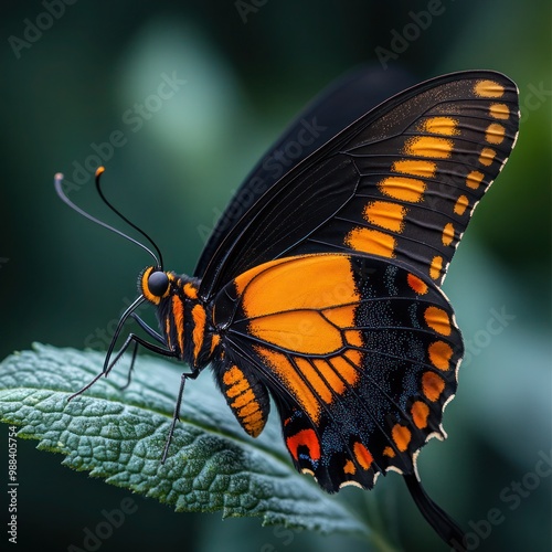 close-up of a Nymphalidae butterfly with black and orange wings perched on a milkweed leaf. beauty of North American wildlife, especially in New York City gardens