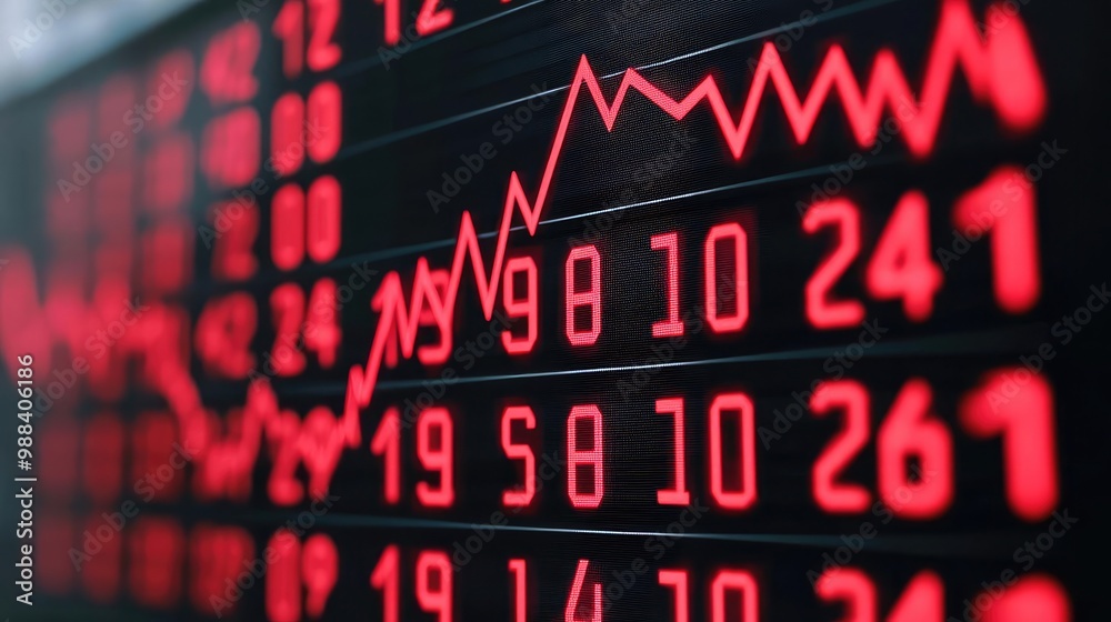 A close-up view of a stock market display showing a declining trend in red, symbolizing market volatility and economic uncertainty. A close-up view of a stock market display showing a declining trend in red, symbolizing market volatility and economic uncertainty.