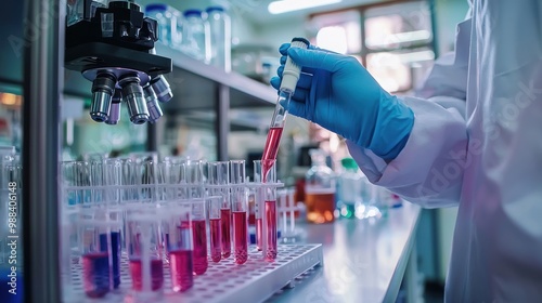 a medical researcher working in a lab with test tubes and advanced diagnostic tools.