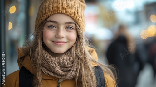 outdoor portrait of cute young girl with beanie hat, backpack girl with long hair going to school banner with copy space