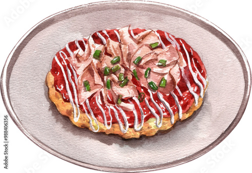 Фототапет okonomiyaki with katsuoboushi japanese food ,watercolor painting hand-drawn illu