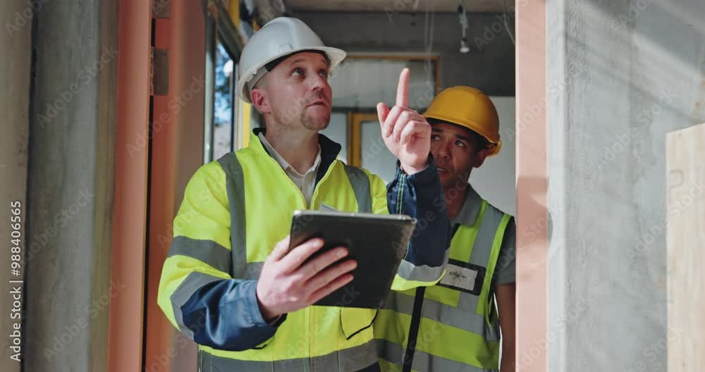 Collaboration, engineer and men with tablet, talking and inspection of property, planning and people in construction. Architecture, project and ideas for design, renovation or maintenance of building