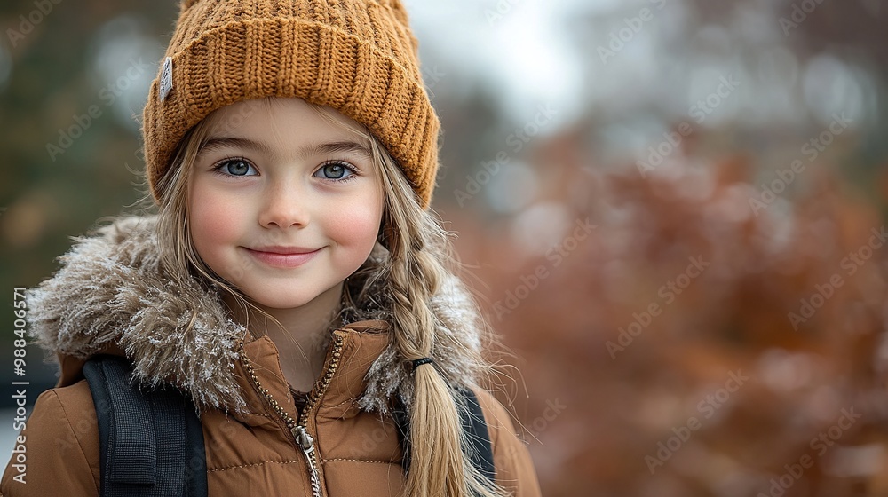 outdoor portrait of cute young girl with beanie hat, backpack girl with long hair going to school outdoor portrait of cute young girl with beanie hat, backpack girl with long hair going to school