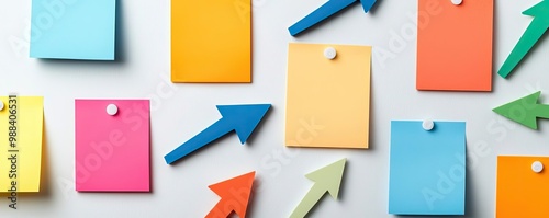 A creative business strategy board filled with colorful sticky notes, arrows, and growth charts, symbolizing the dynamic planning process for business expansion