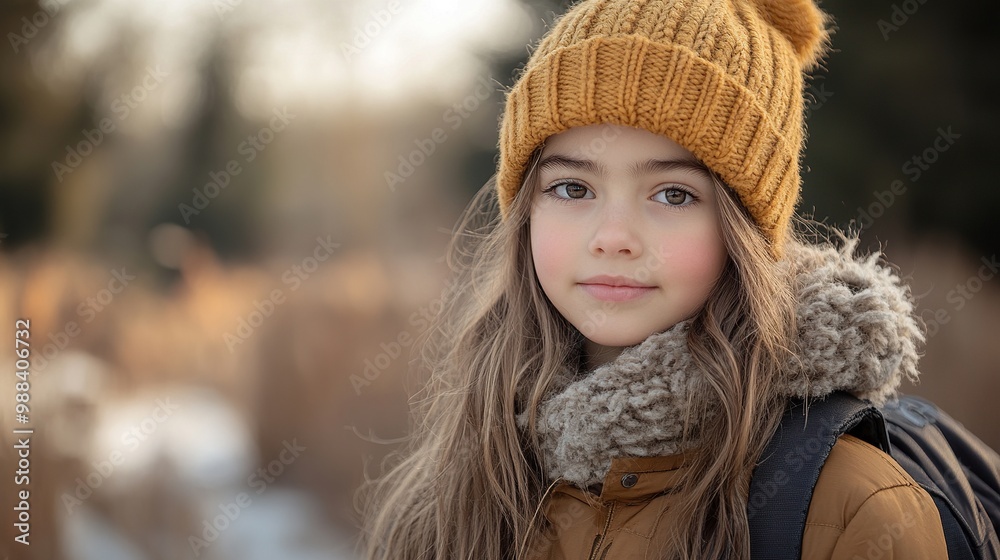 outdoor portrait of sad young girl with beanie hat, backpack girl with long hair going to school feeling anxious