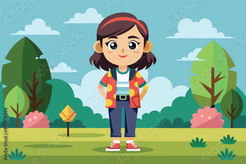 A cheerful cartoon character poses confidently in a lively park filled with trees and fluffy clouds on a sunny day.