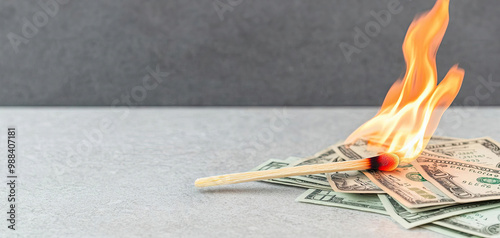 A matchstick igniting a pile of money, symbolizing waste, loss, and the fleeting nature of wealth in a modern setting.