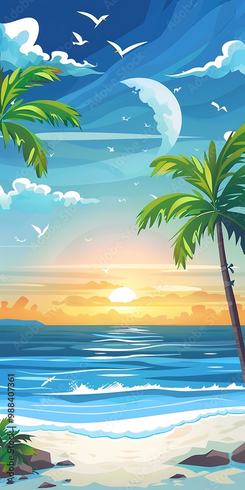 Obraz premium Tropical Sunset Beach Landscape With Palm Trees