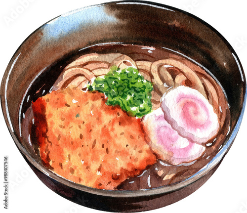 Obraz na plátně Udon pork katsu soyu japanese food, hand-drawn watercolor painting illustration