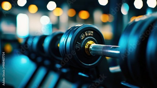 Close-up of a row of gym dumbbells with a blurred background, showcasing the details of weights in a modern fitness center. photo