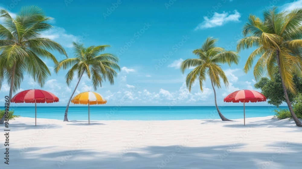 A serene beach scene featuring vibrant umbrellas, palm trees, and crystal-clear water under a bright blue sky. A serene beach scene featuring vibrant umbrellas, palm trees, and crystal-clear water under a bright blue sky.