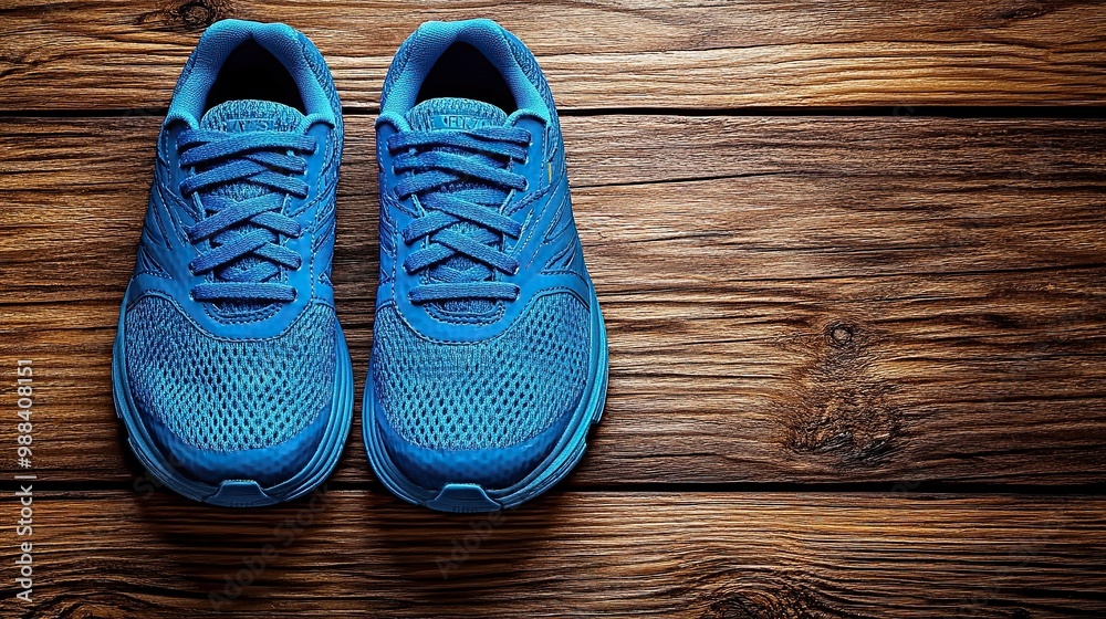 pair of blue running shoes laid on wooden floor background pair of blue running shoes laid on wooden floor background