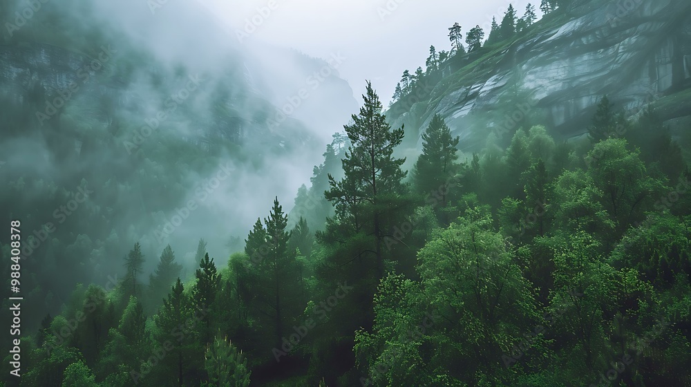 Misty Green Forest with Trees Misty Green Forest with Trees
