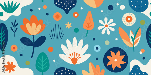 Vibrant seamless pattern with abstract organic shapes and floral motifs for textile design