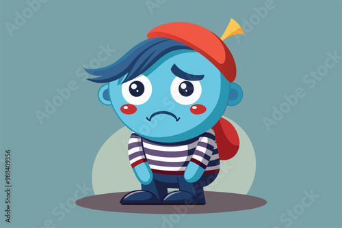 A blue character with a sad expression stands alone, wearing a striped shirt, red beret, and backpack, radiating feelings of sorrow and isolation.
