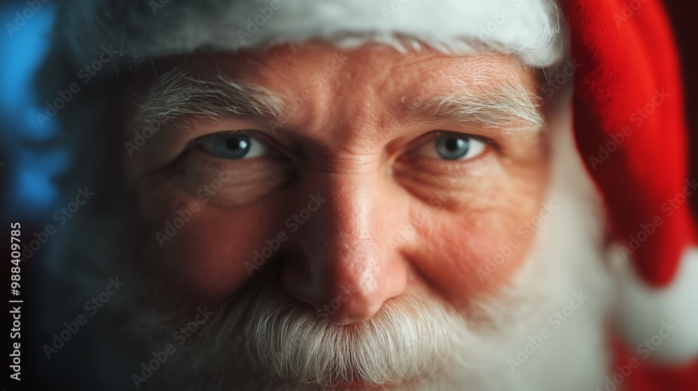 Close up of a cheerful Santa Claus with a white beard wearing a red hat and showcasing joyful expression in a festive setting. Close up of a cheerful Santa Claus with a white beard wearing a red hat and showcasing joyful expression in a festive setting.
