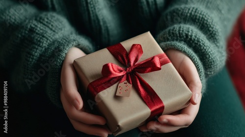 A close-up of hands green silk shirt a Christmas present with red ribbon and a festive gift tag