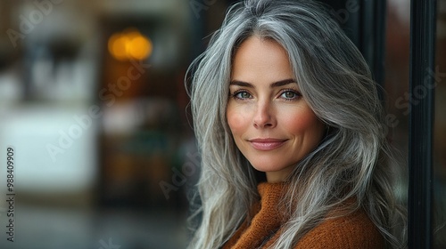 portrait of beautiful woman with gray hair using speakerphone to make call