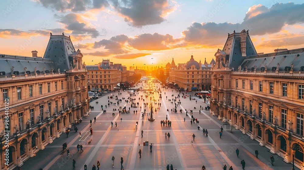 Obraz premium Paris France Aerial View of Tourists and Buildings at Sunset