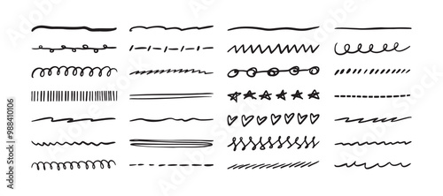 Hand Drawn Line doodle Set Black. Drawing border collection