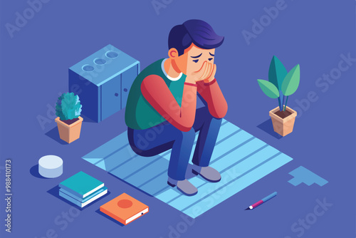 A young man sits on the rug, his head resting in his hands, surrounded by books and potted plants, conveying deep feelings of sadness and reflection.