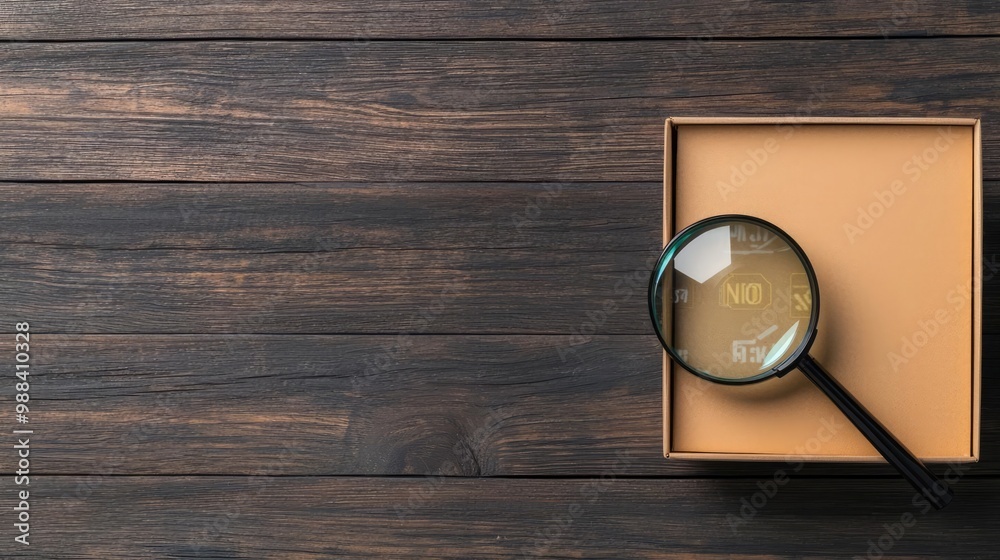 A magnifying glass on a wooden table, highlighting a blank box with a warm tone in a cozy, inviting workspace. A magnifying glass on a wooden table, highlighting a blank box with a warm tone in a cozy, inviting workspace.