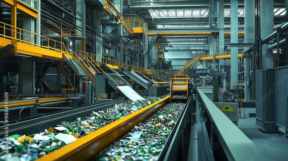 Industrial recycling facility sorting plastic, paper, and glass for sustainable waste management. Industrial recycling facility sorting plastic, paper, and glass for sustainable waste management.