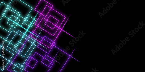 Multicolor neon rays forming a glowing rectangles matrix border on black background with blank space. Abstract contemporary background decoration..