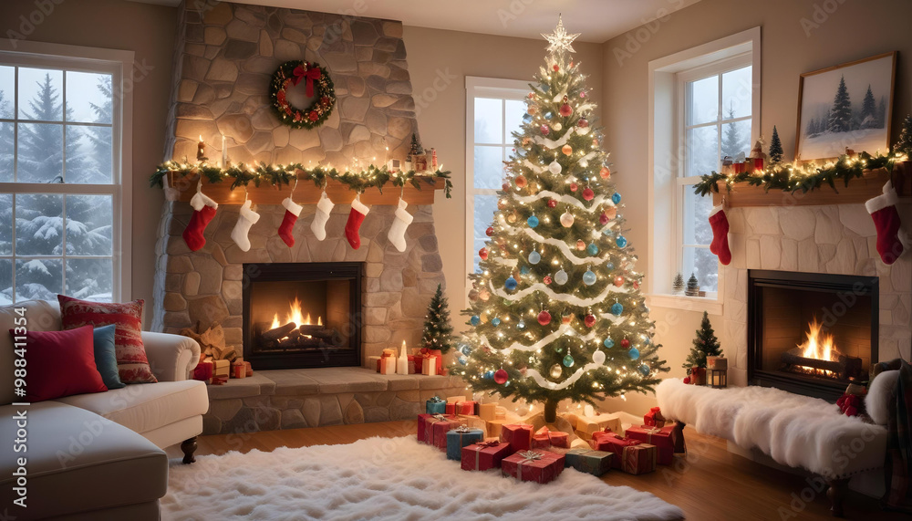 Obraz premium christmas fireplace with christmas decorations