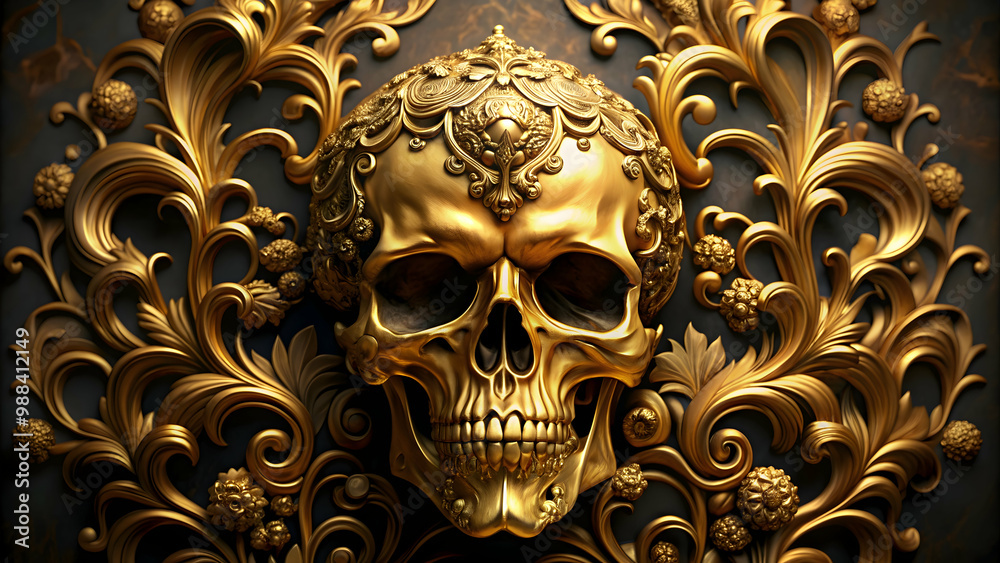 Naklejka premium Golden gothic baroque floral ornate skull in render, gothic, baroque, floral, ornate, golden, skull,render, isolated,detail