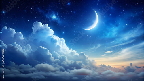 Tranquil night sky with fluffy clouds and crescent moon, clouds, crescent moon, night sky, stars, peaceful, tranquil