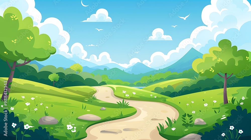 Fototapeta premium Beautiful Landscape with Winding Path through Green Fields and Mountains